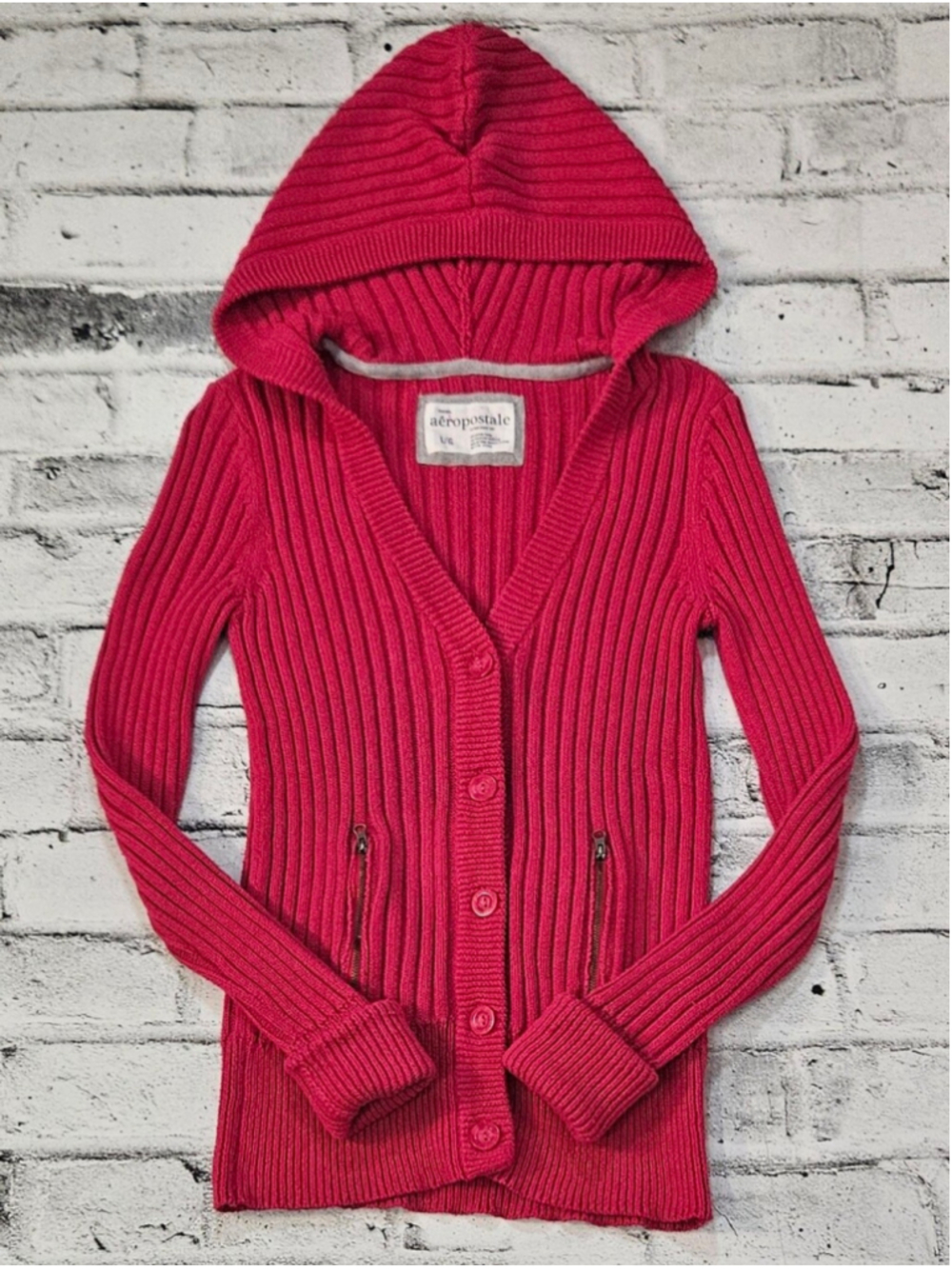 Aeropostale Pink Ribbed Knit Hooded Cardigan Sweater Women's Large